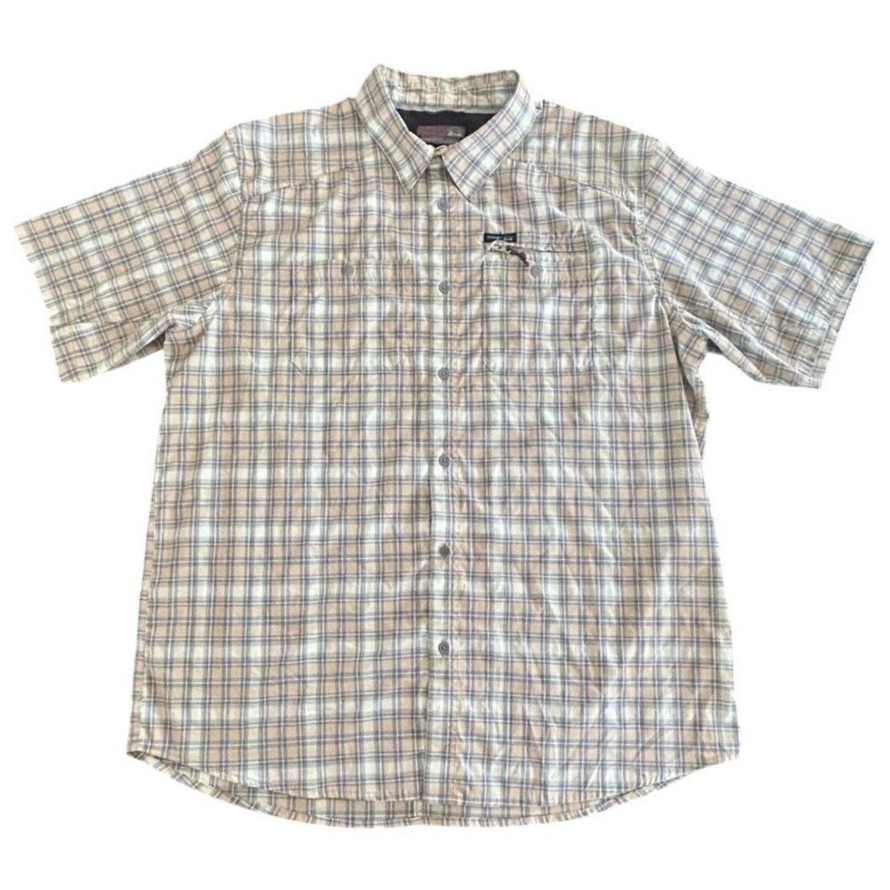 Wrangler Outdoor Shirt Mens XL Tan Blue‎ Plaid Excellent Short Sleeve Utility
